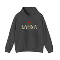 Bold Latina typography with an old school rose graphic print on the front of a premium black pullover hoodie.