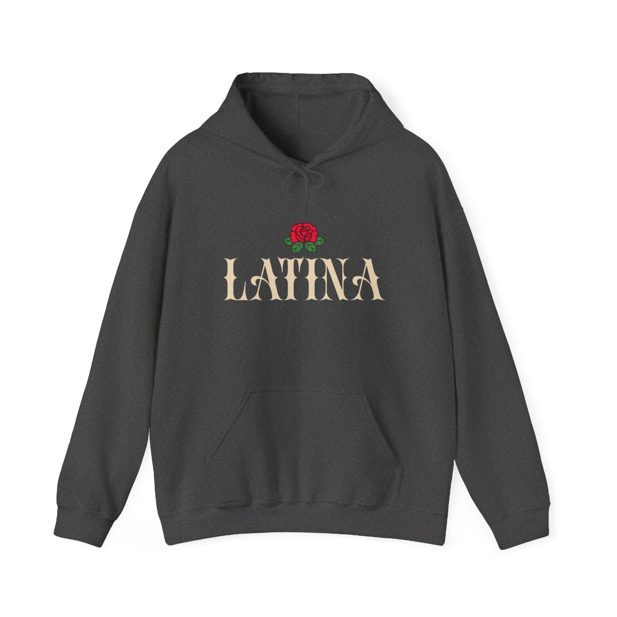 Bold Latina typography with an old school rose graphic print on the front of a premium black pullover hoodie.