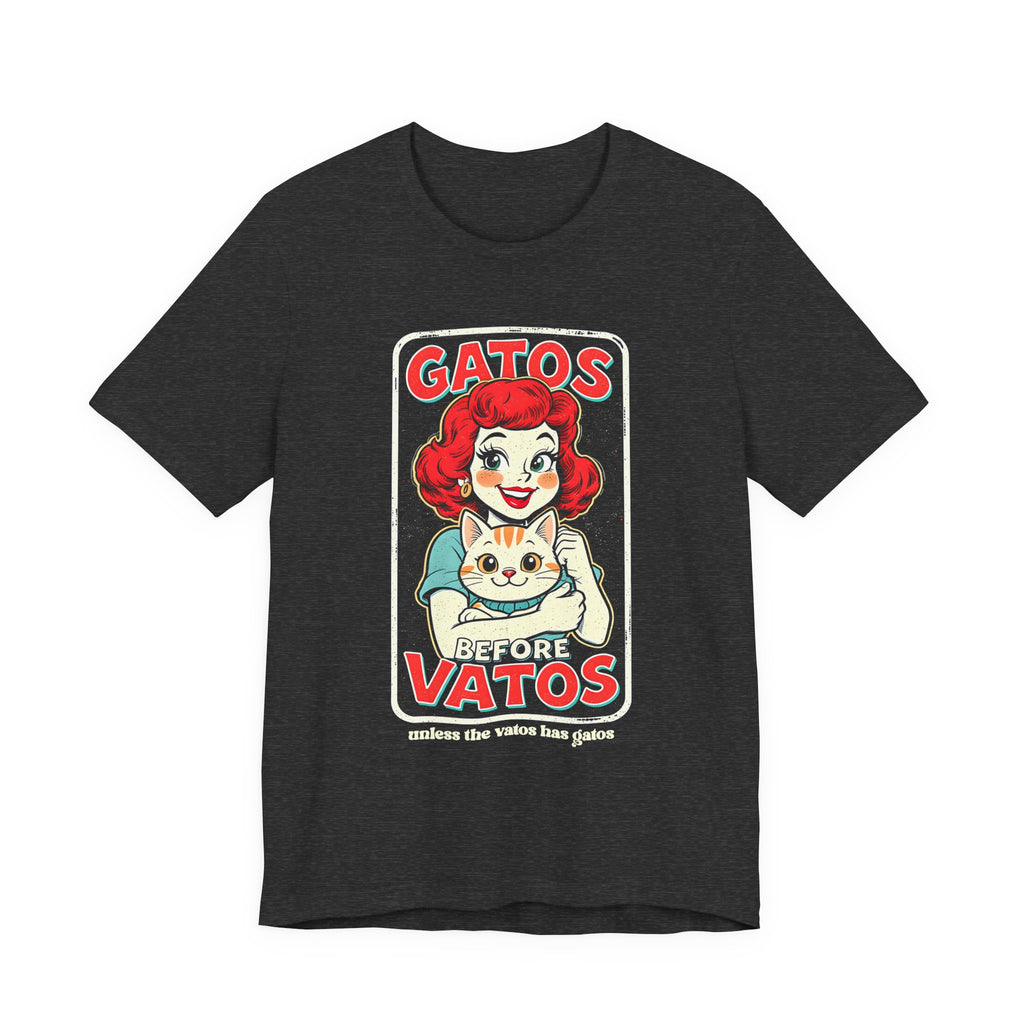 Gatos Before Vatos dark grey tee - vintage style chicana cat mama shirt