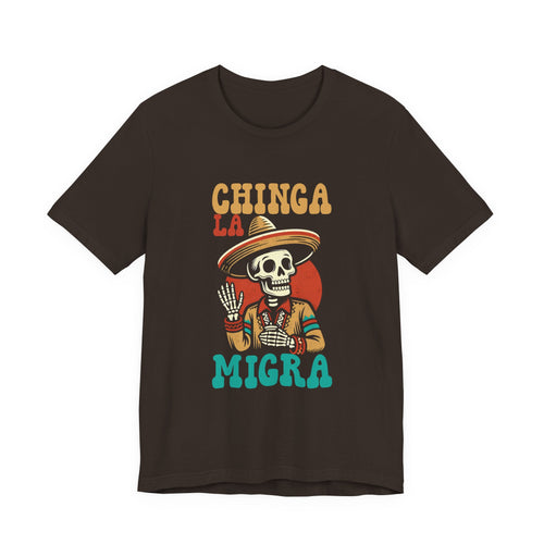 Chinga La Migra protest t-shirt in black - Day of Dead skeleton sombrero chicana tee