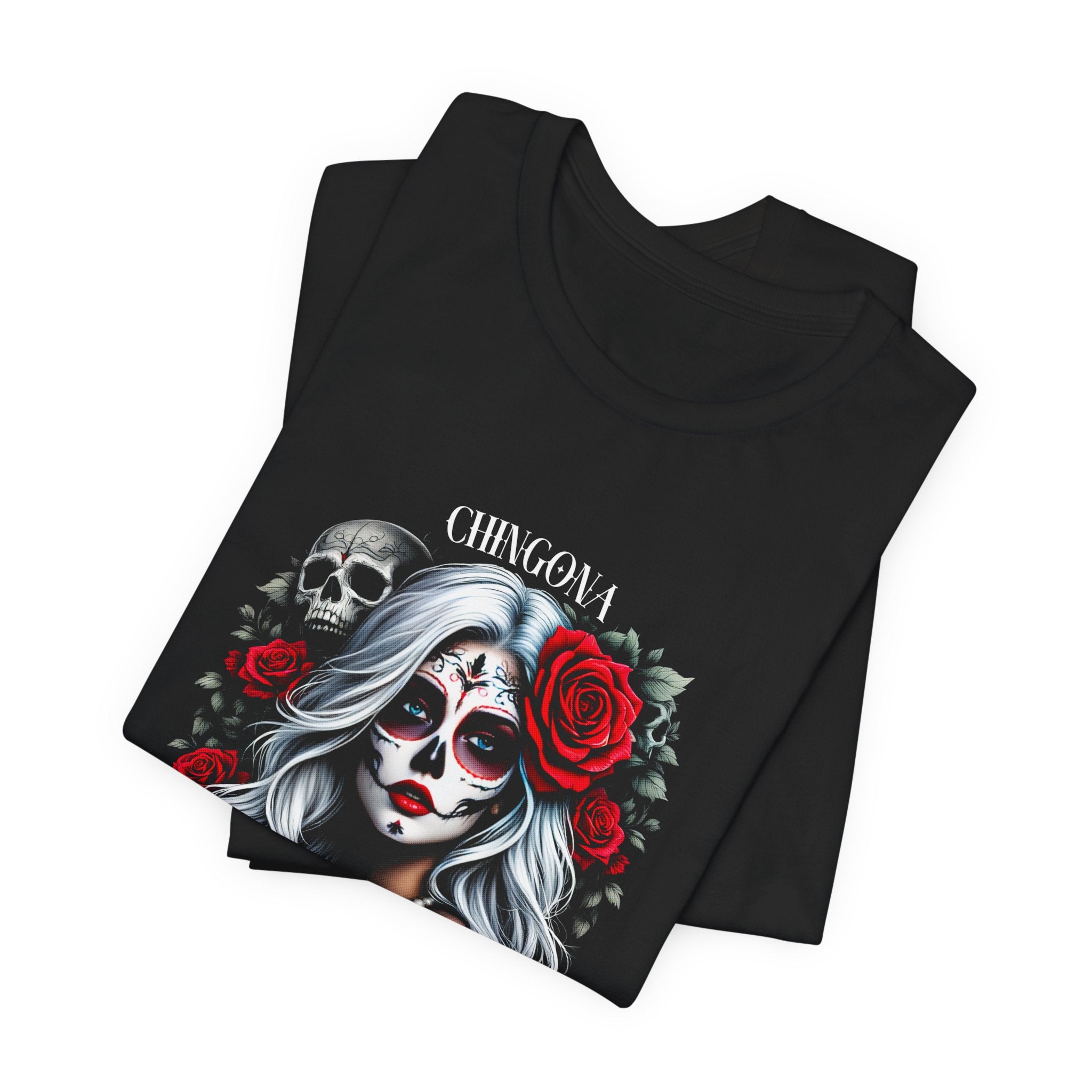 Black t-shirt with a detailed graphic of a silver-haired Catrina with red roses and skulls, representing Mexican Dia de los Muertos.