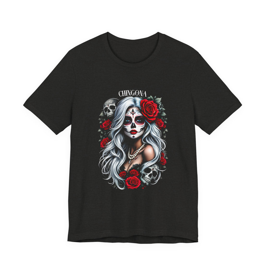 Black t-shirt with a detailed graphic of a silver-haired Catrina with red roses and skulls, representing Mexican Dia de los Muertos.