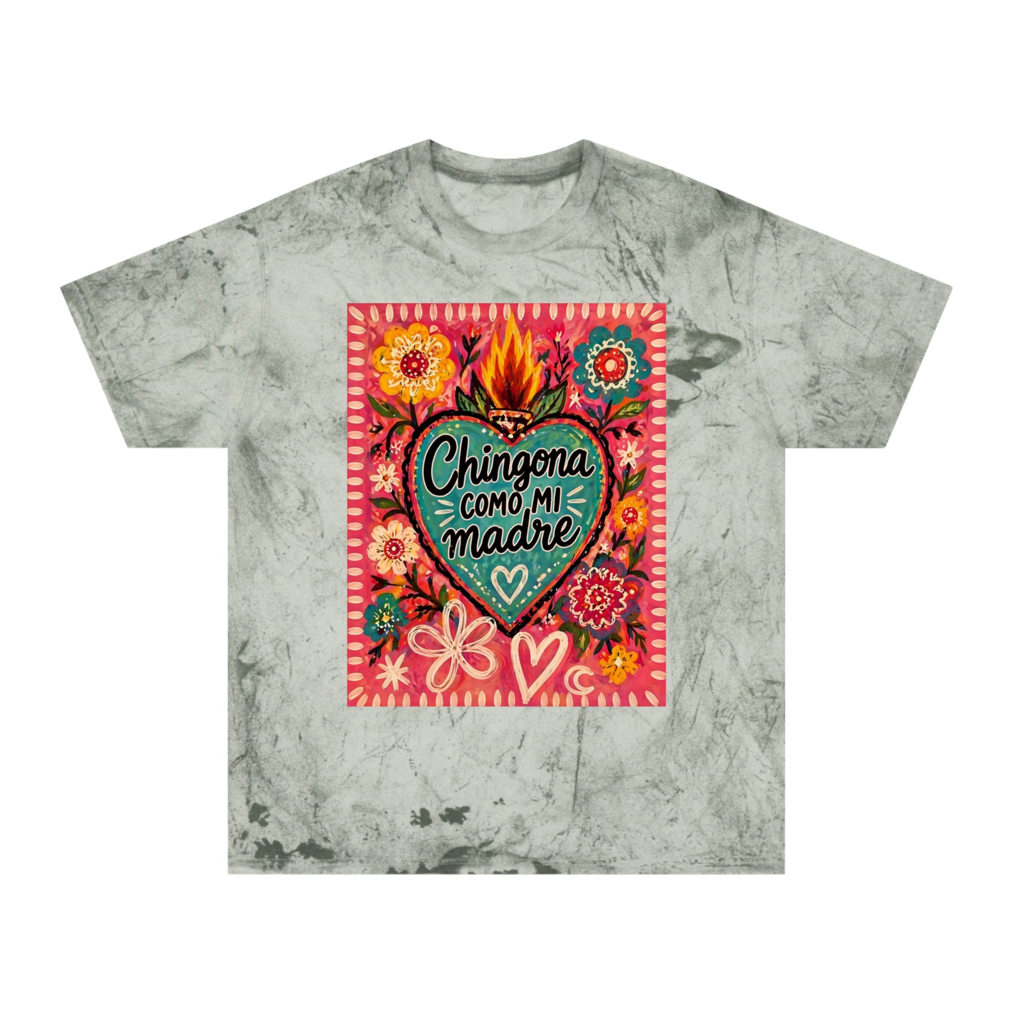 Chingona Como Mi Madre citrine Color Blast tee - one of a kind floral heart Latina gift