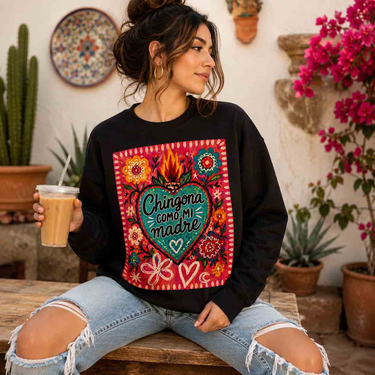 Chingona Como Mi Madre crewneck sand - floral folk art Latina mother gift pullover