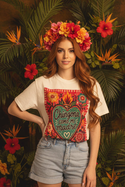 Chingona Como Mi Madre tee lifestyle 1 - bold floral heart garment-dyed Latina gift