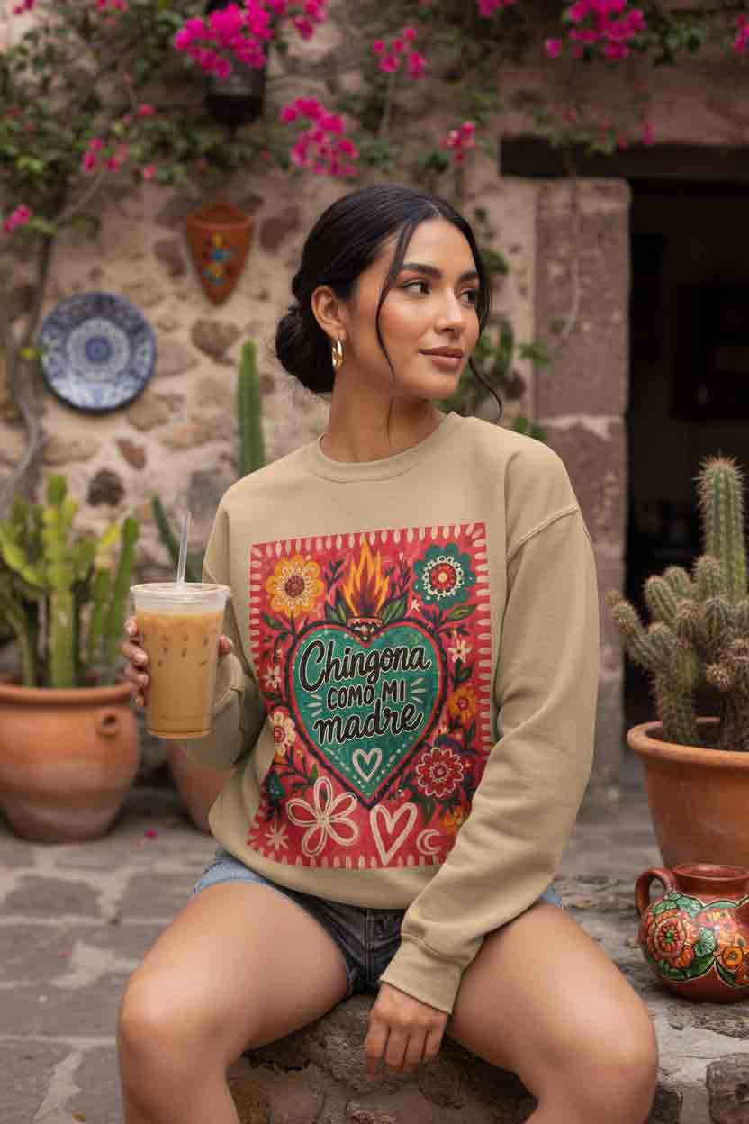 Chingona Como Mi Madre Crewneck Sweatshirt | Floral Folk Art Latina Mother Gift Pullover