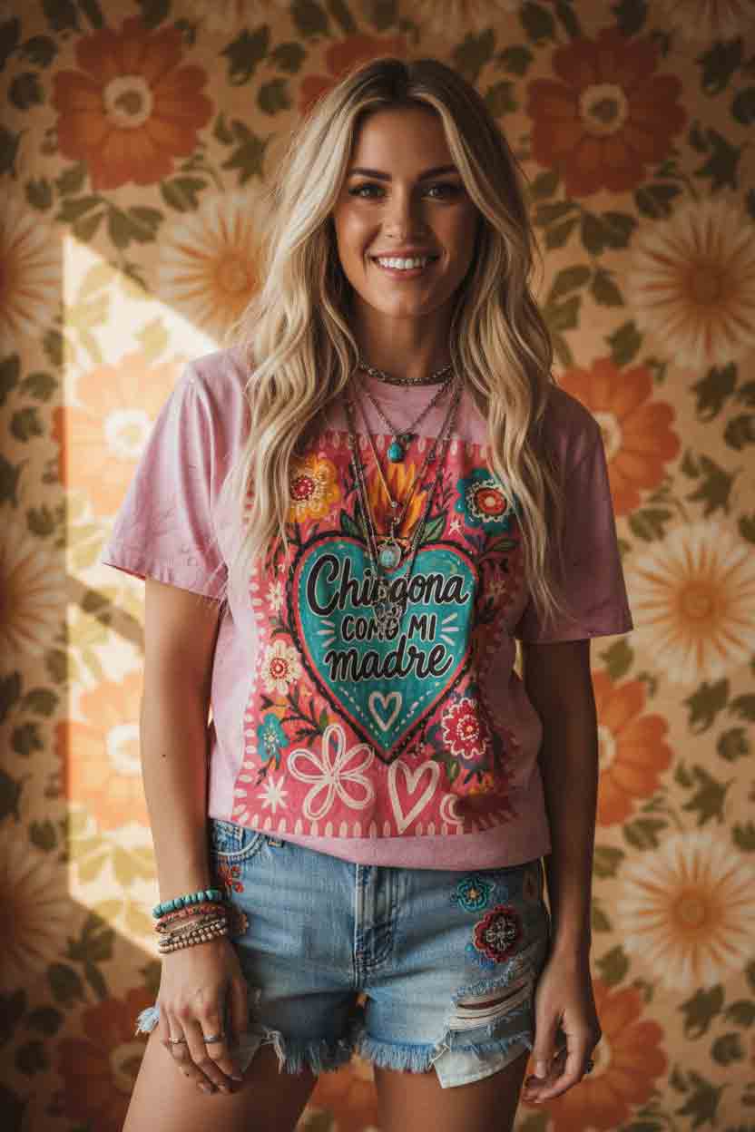 Chingona Como Mi Madre fern Color Blast tee - garment-dyed folk art Latina mother shirt