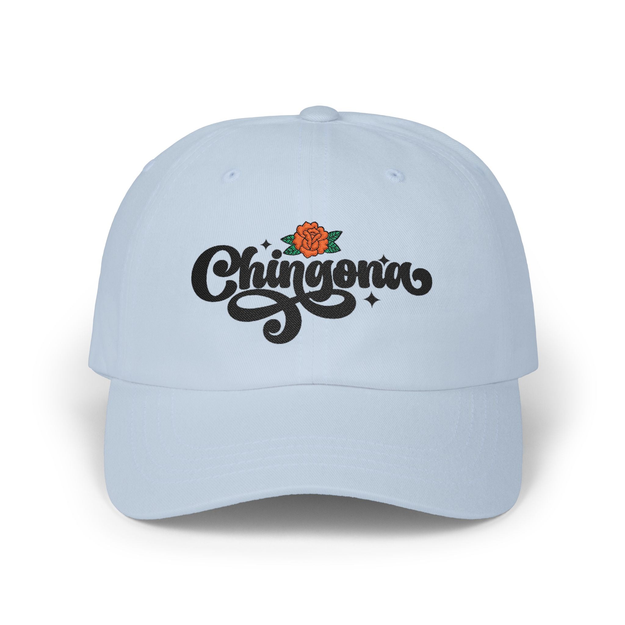 Chingona dad cap stone - elegant rose script embroidered Latina pride baseball hat