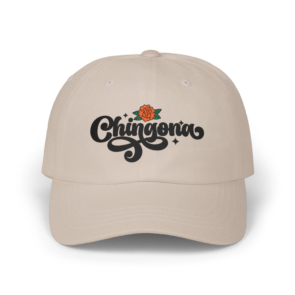 Chingona script rose cap light blue - chicana pride embroidered cotton baseball hat