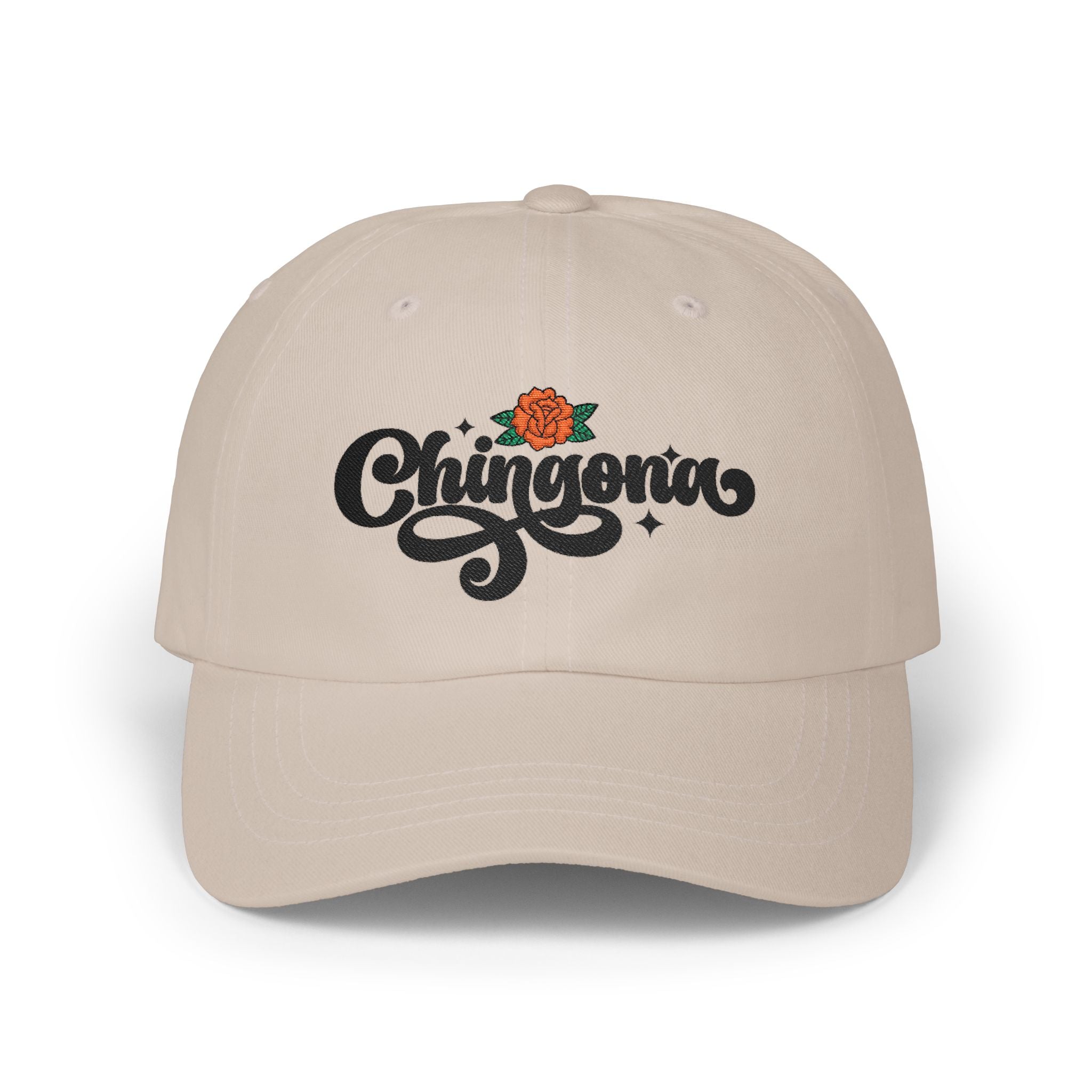 Chingona script rose cap light blue - chicana pride embroidered cotton baseball hat