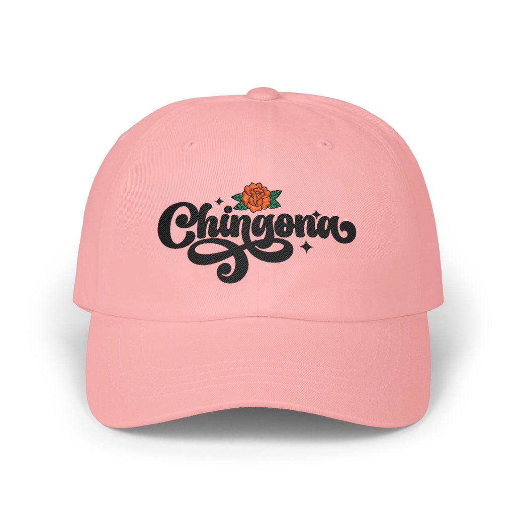 Chingona embroidered rose script dad cap white - confident Latina baseball hat gift