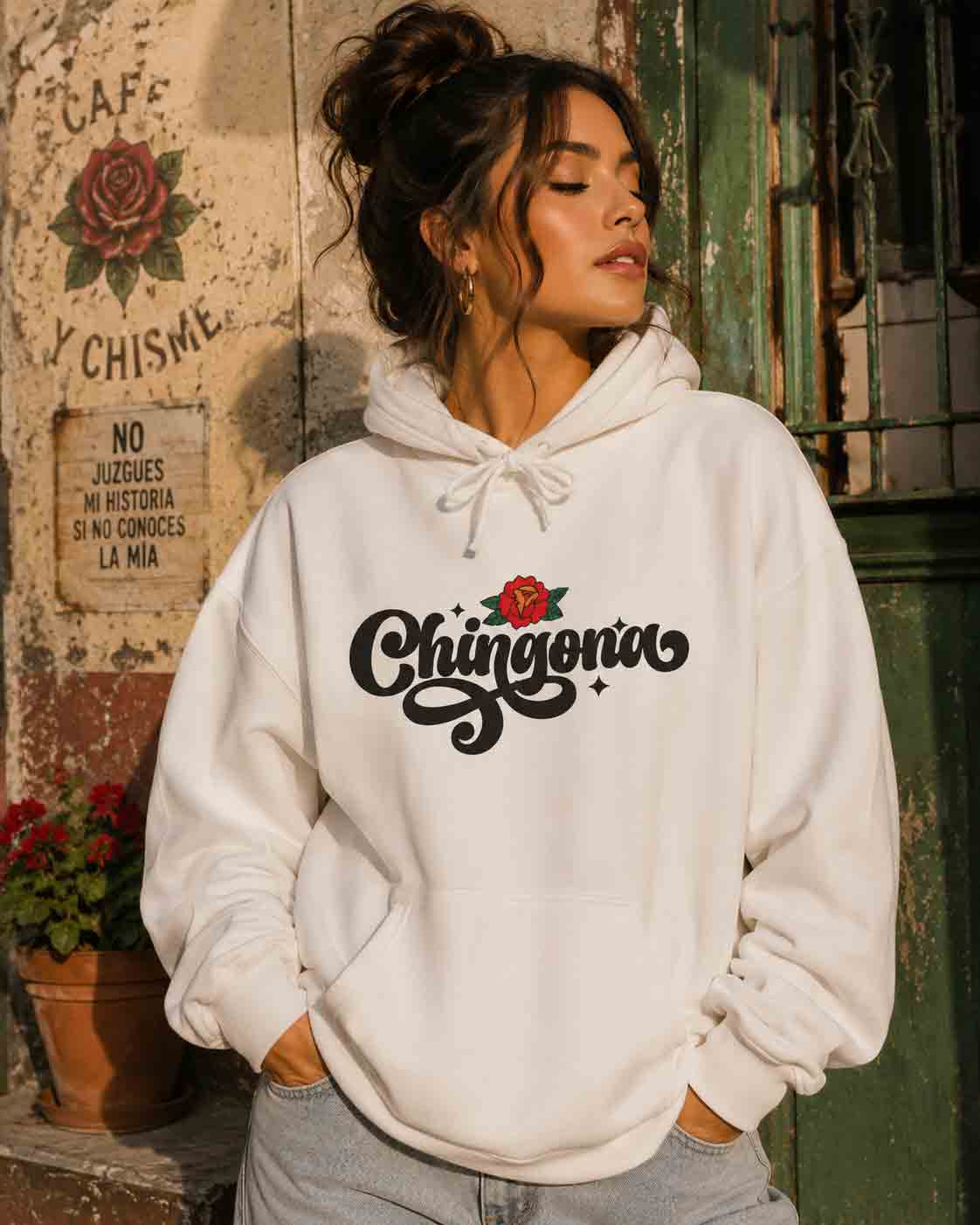 Chingona Latina hoodie lifestyle - bold rose script chicana pride unisex pullover