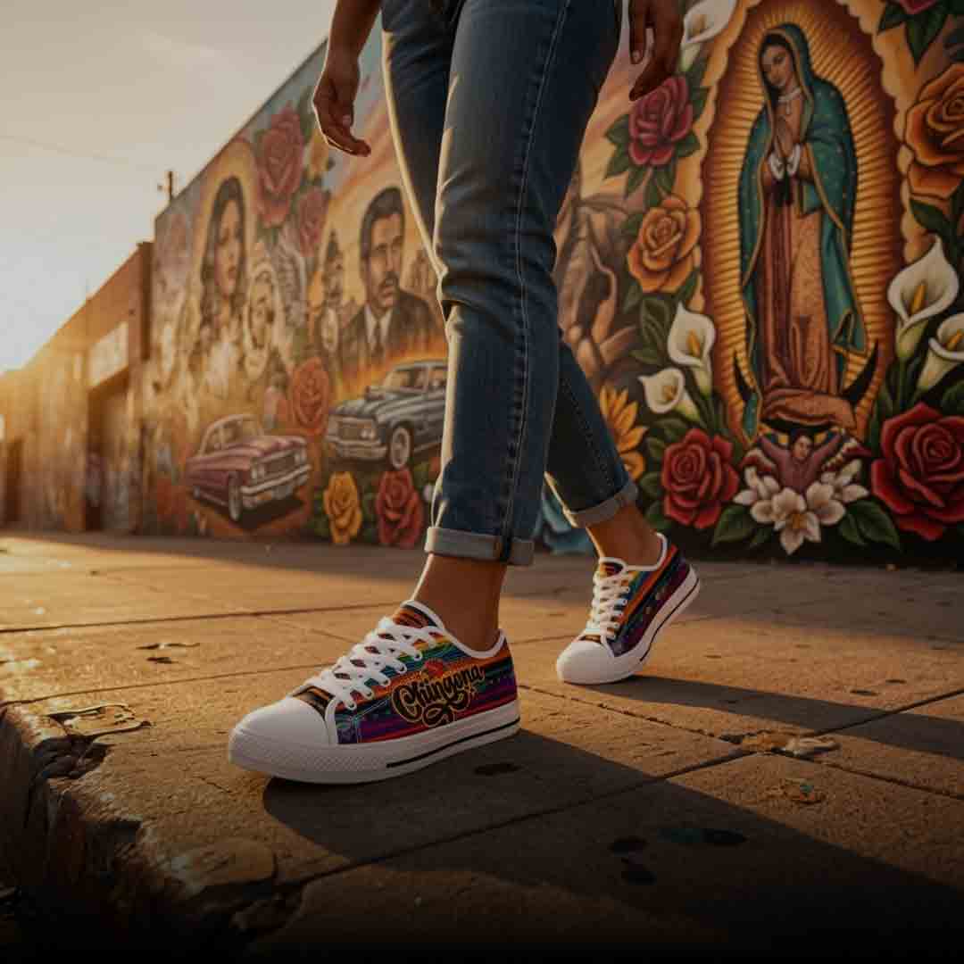 Chingona Aztec print low-top sneakers side view - colorful serape canvas Latina shoes