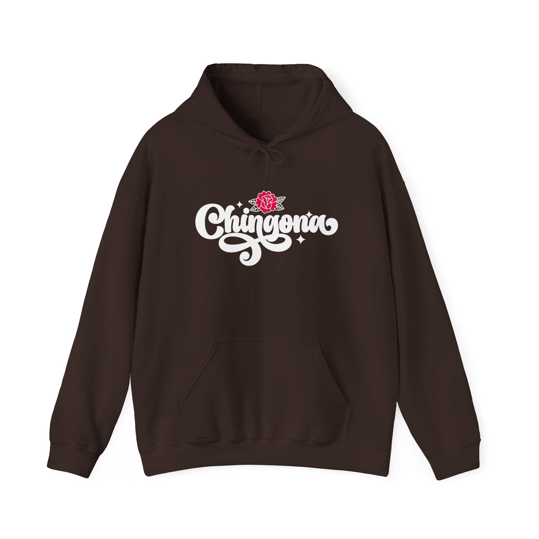 Chingona rose hoodie black - bold chicana empowerment script dark sweatshirt