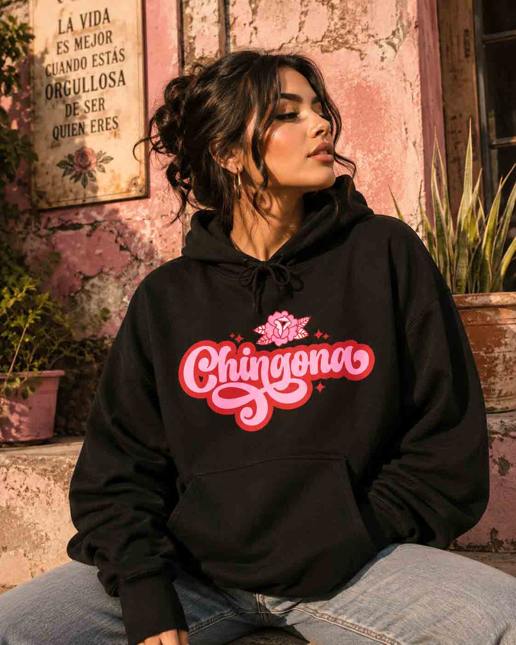 Chingona rose script hoodie lifestyle 1 - bold Latina pride pullover unisex sweatshirt