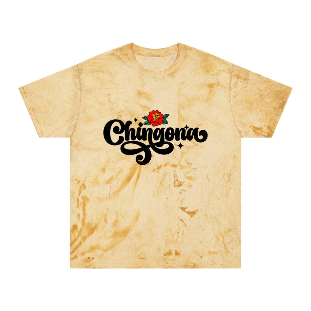 A stunning calligraphic font featuring a delicate rose design on a vintage tie-dye T-shirt.