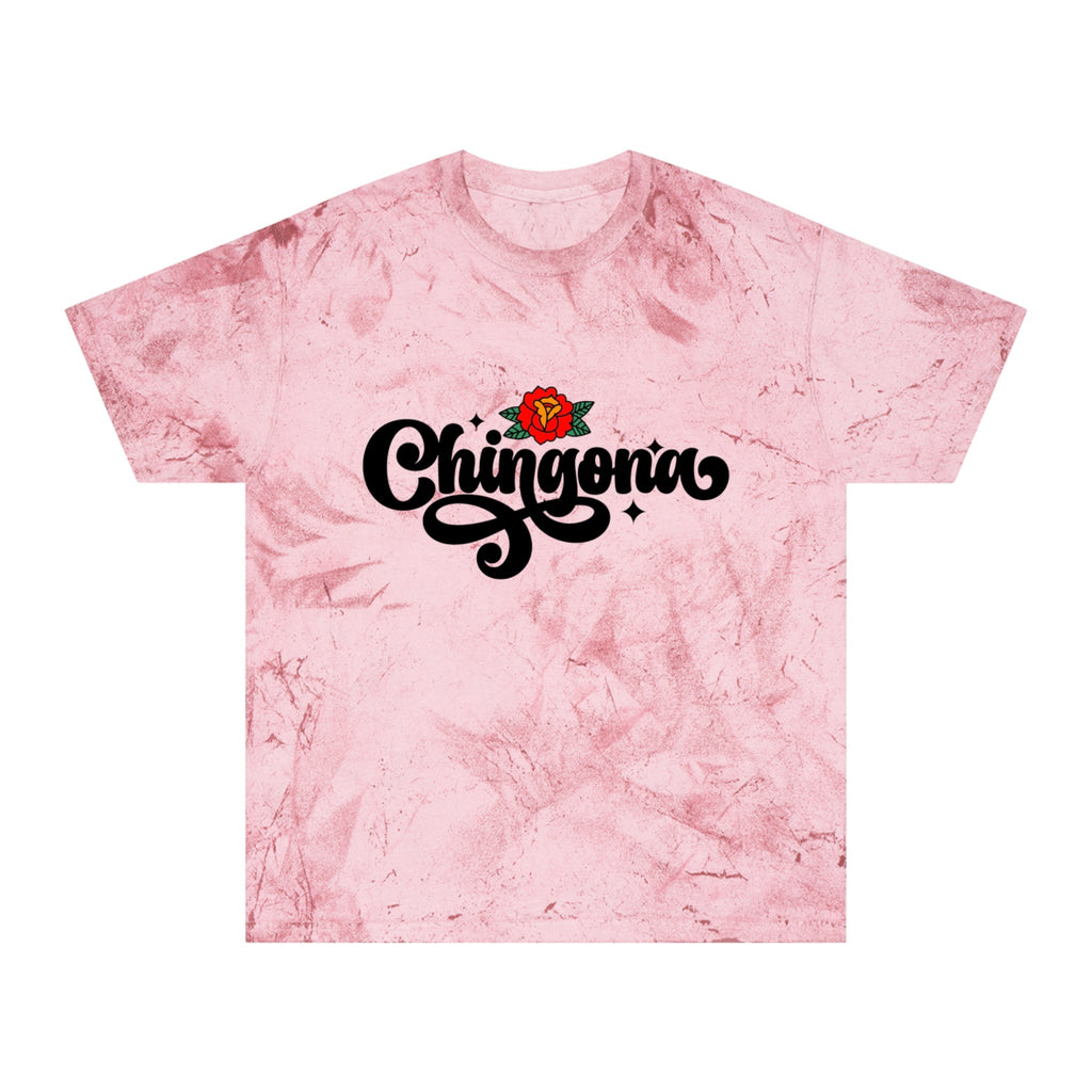 A stunning calligraphic font featuring a delicate rose design on a vintage tie-dye T-shirt.