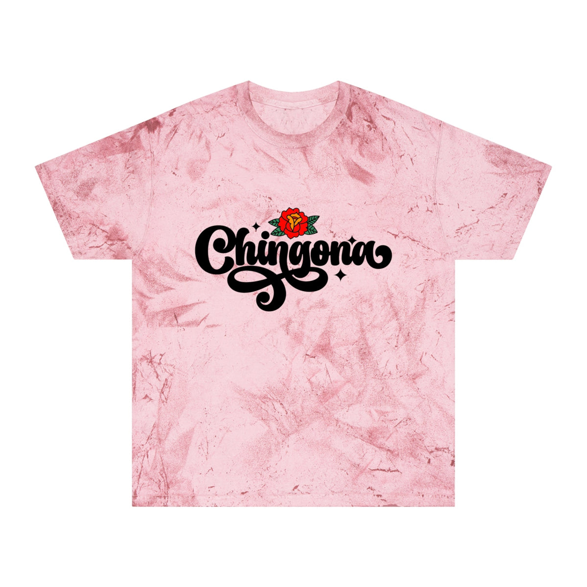 A stunning calligraphic font featuring a delicate rose design on a vintage tie-dye T-shirt.