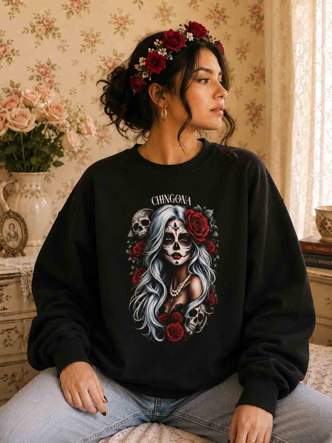 Day of Dead Chingona skull girl rose crewneck - gothic dark romantic chicana sweatshirt