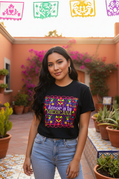 A beautiful Latina woman wearing a T-shirt with a colorful Mexican folk art design titled “Amor a la Mexicana.”