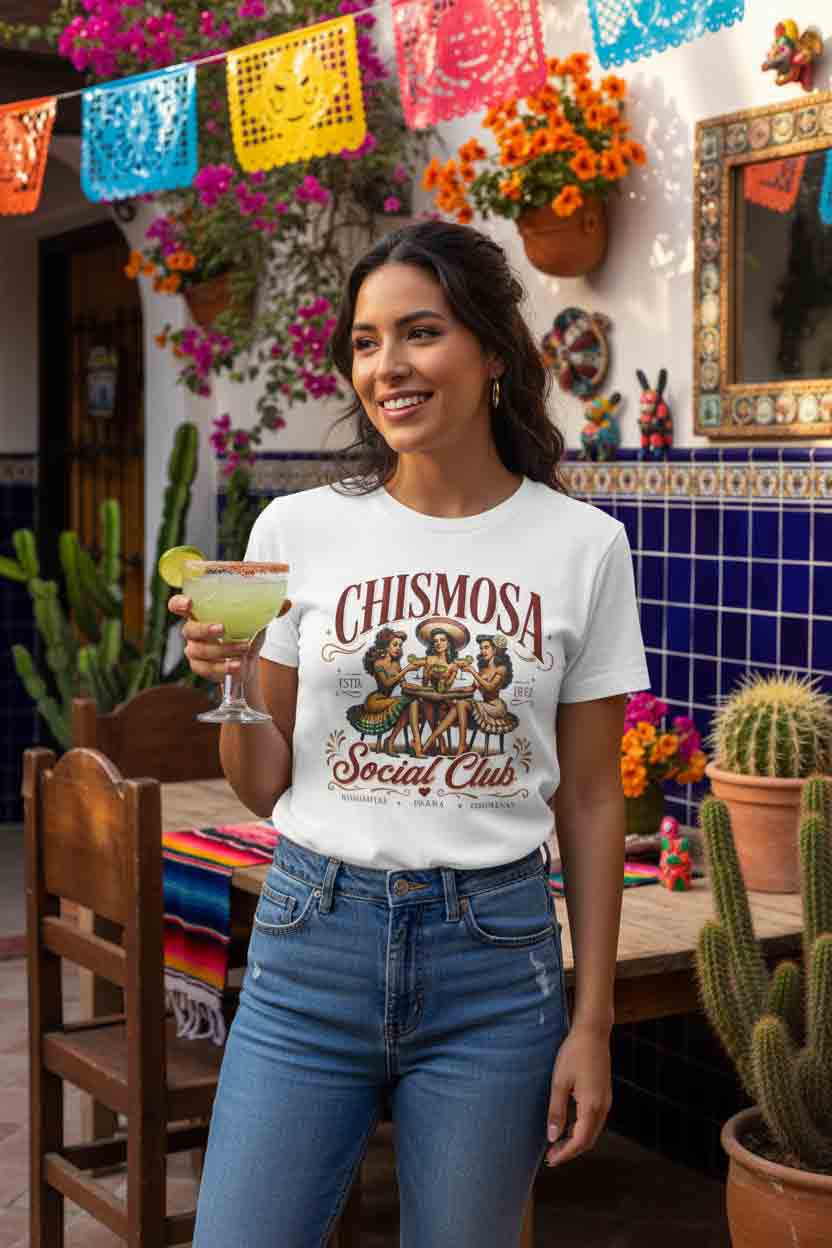 Chismosa Social Club margarita gossip tee white - retro Latina girls night graphic shirt