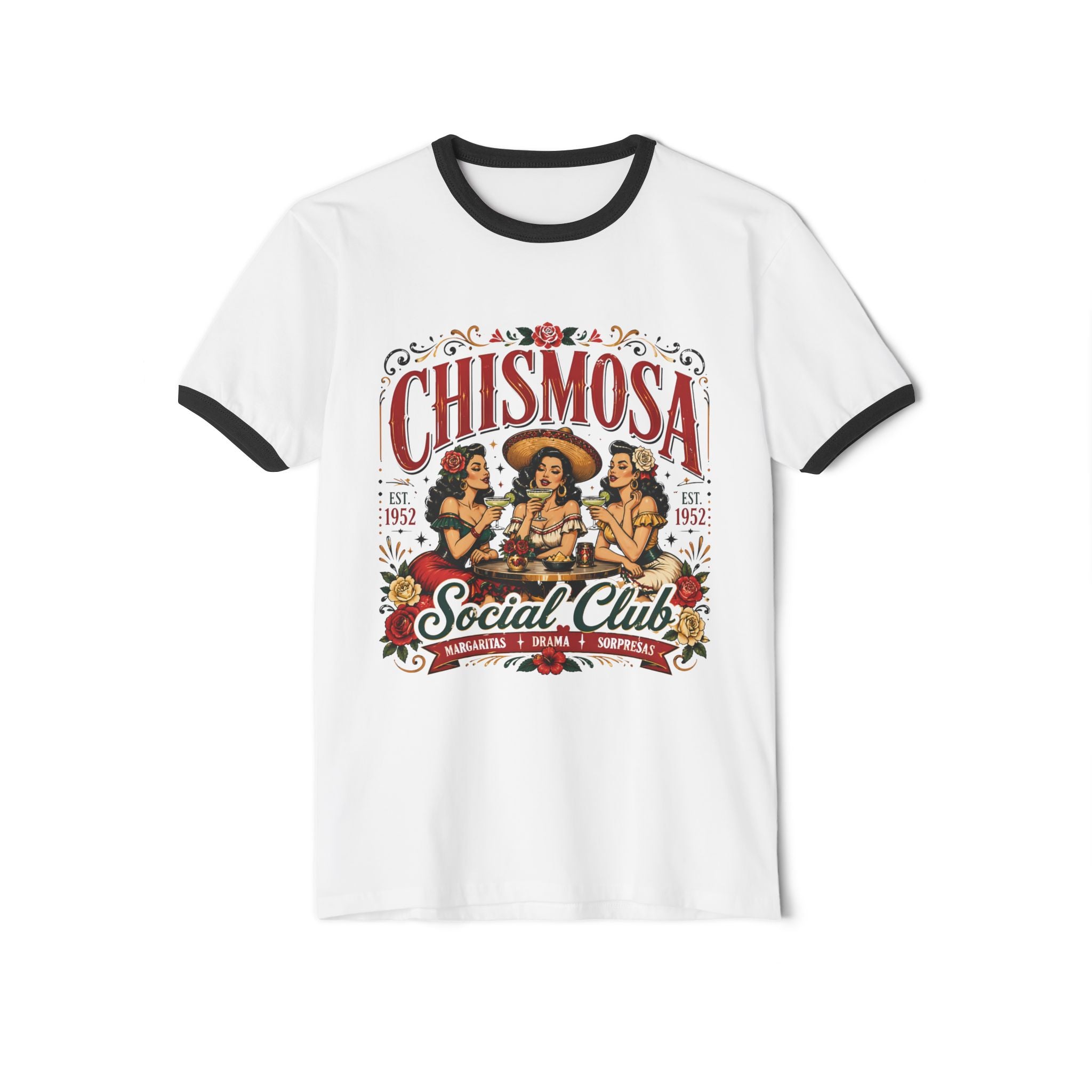 Chismosa Social Club ringer tee white black - retro vintage gossip Latina girls night shirt