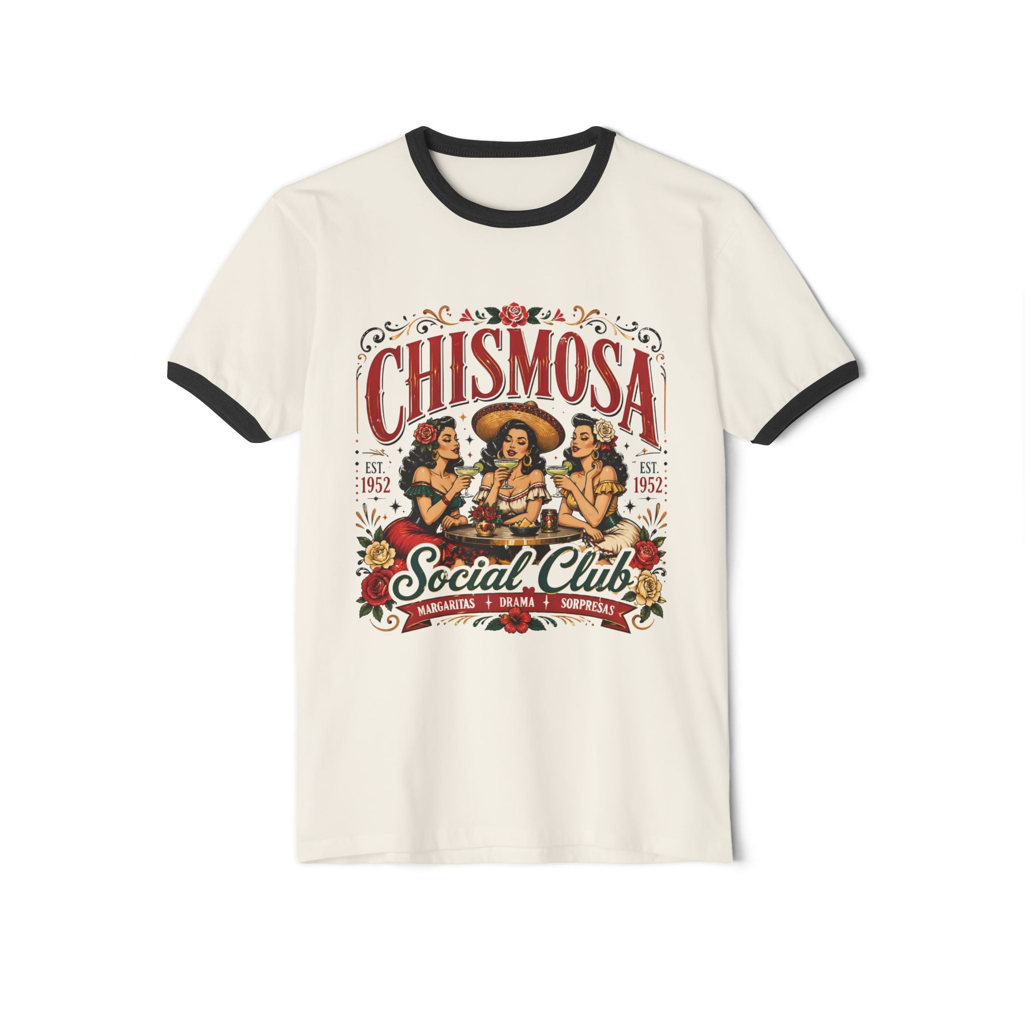 Chismosa Social Club ringer tee natural black - vintage retro Latina gossip contrast collar shirt
