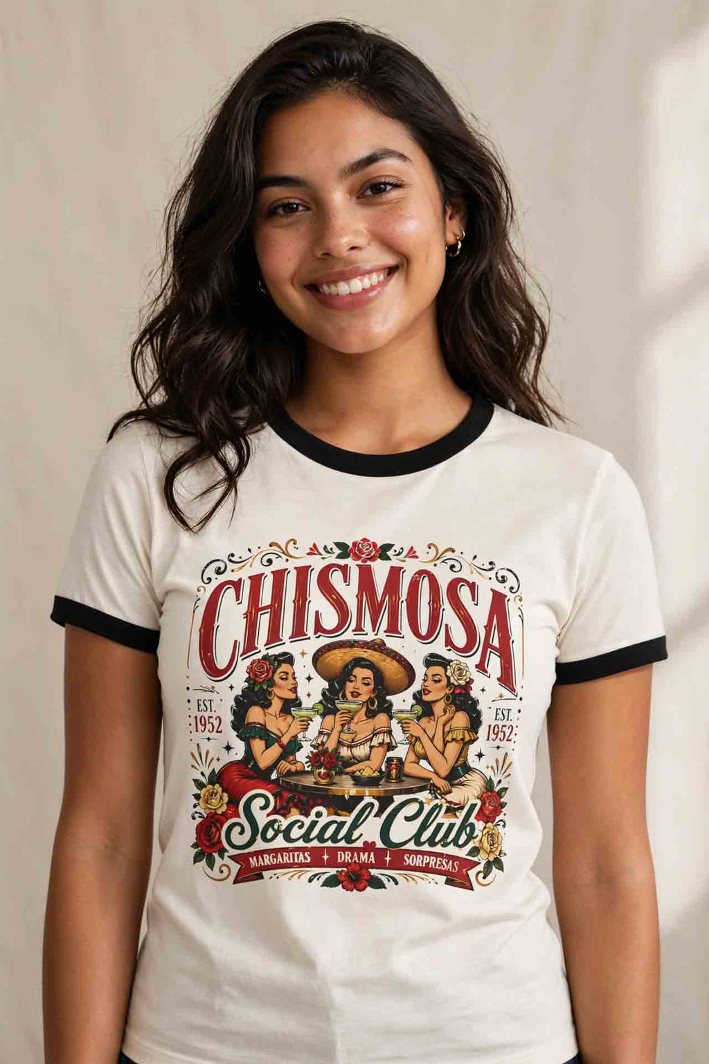 Chismosa Social Club Ringer T-Shirt | Vintage Latina Gossip Retro Graphic Tee