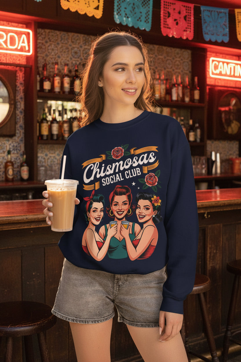 Chismosas Social Club crewneck detail - vintage illustrated trio gossip Latina sweatshirt