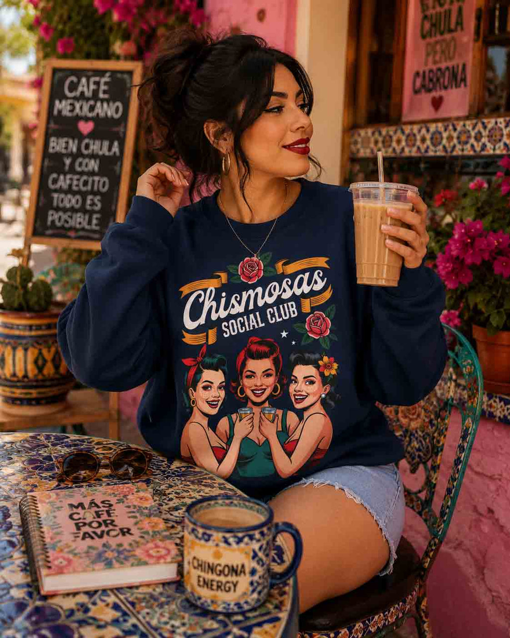 Chismosas Social Club sweatshirt lifestyle - retro Latina gossip brunch bachelorette pullover