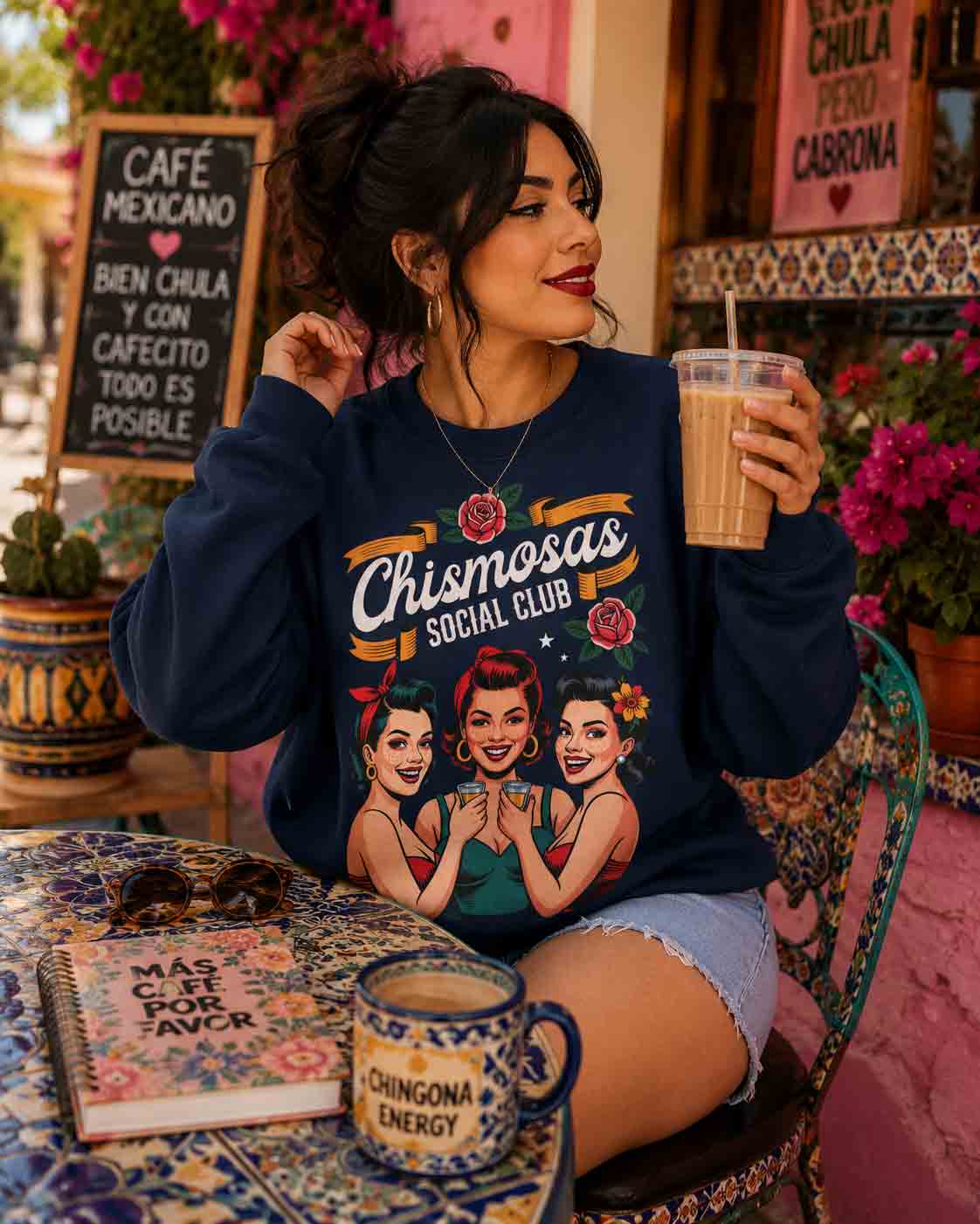 Chismosas Social Club sweatshirt lifestyle - retro Latina gossip brunch bachelorette pullover