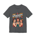 t-shirt featuring three vintage-style pin-up women toasting with small glasses under the text Chismosas Social Club and red roses.
