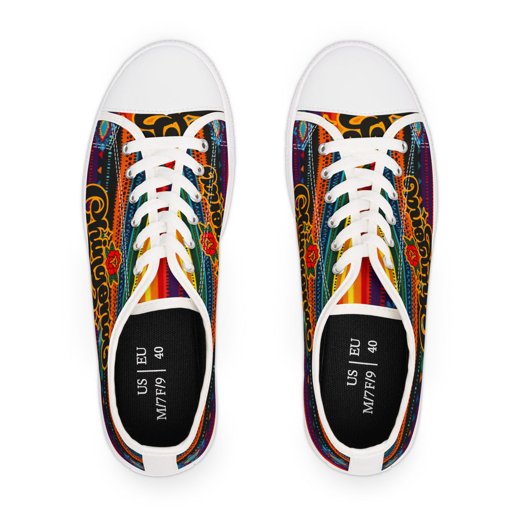 Chingona Aztec print low-top sneakers side view - colorful serape canvas Latina shoes