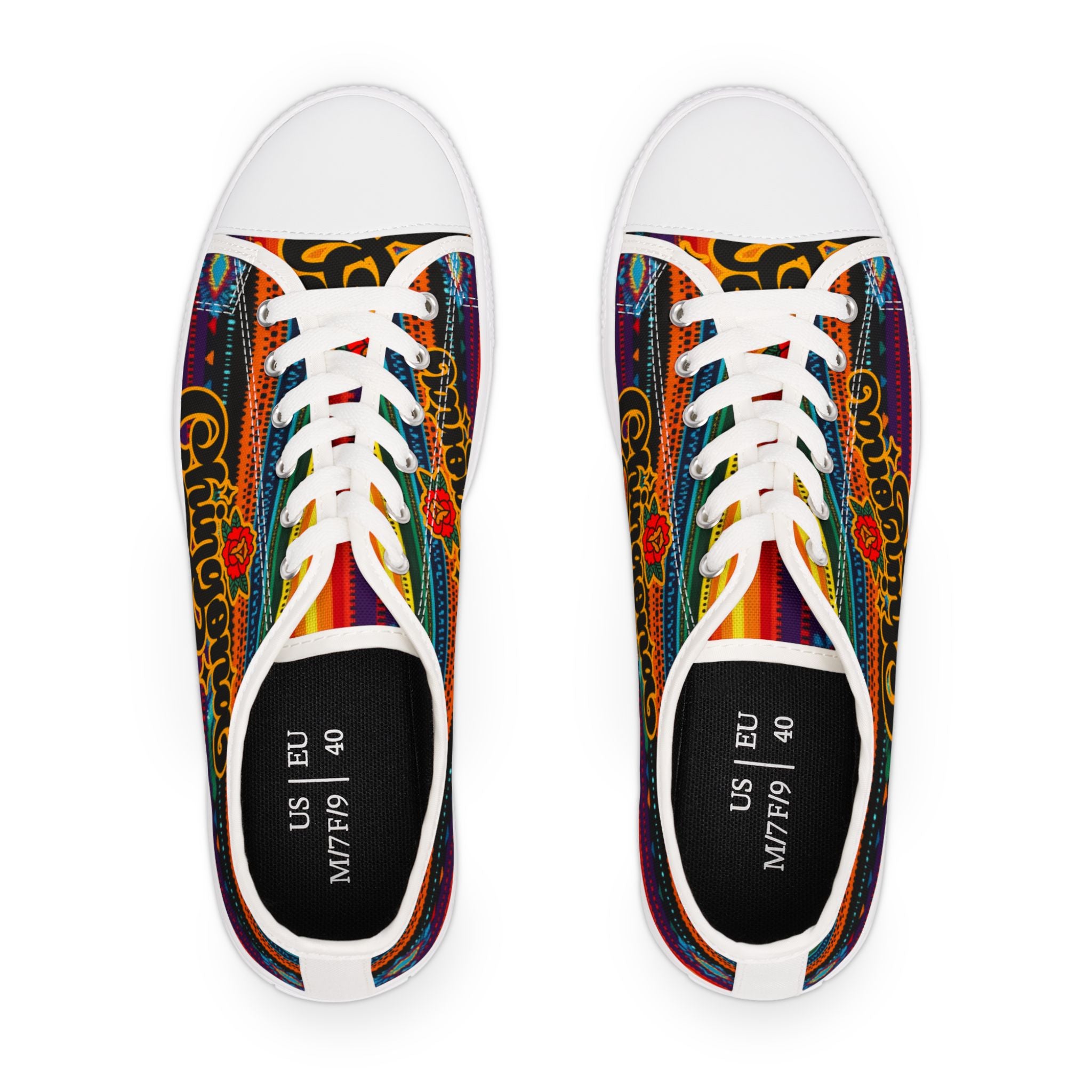 Chingona Aztec print low-top sneakers side view - colorful serape canvas Latina shoes
