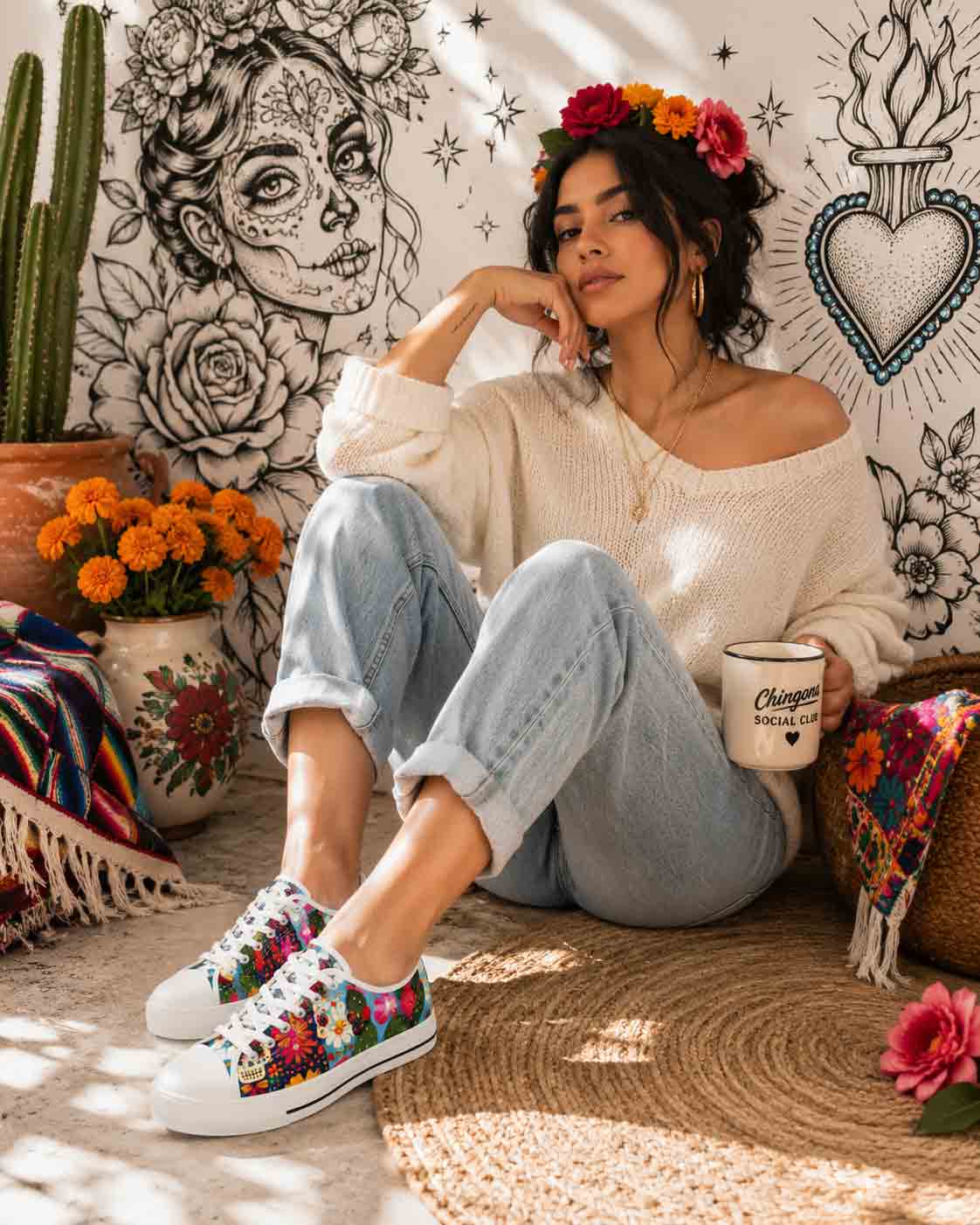 Colorful Day of Dead floral cactus canvas sneakers - desert skull print women shoes