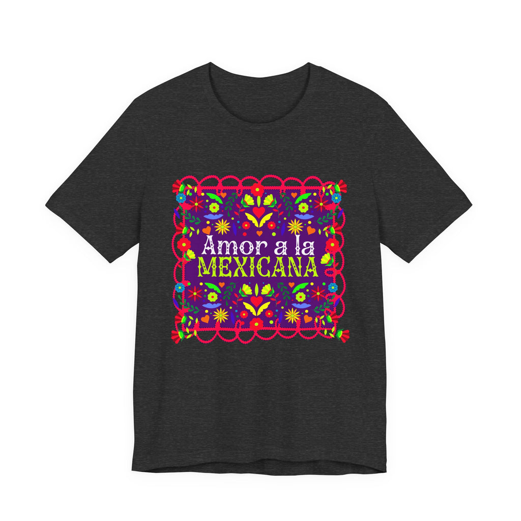 A beautiful Latina woman wearing a T-shirt with a colorful Mexican folk art design titled “Amor a la Mexicana.”