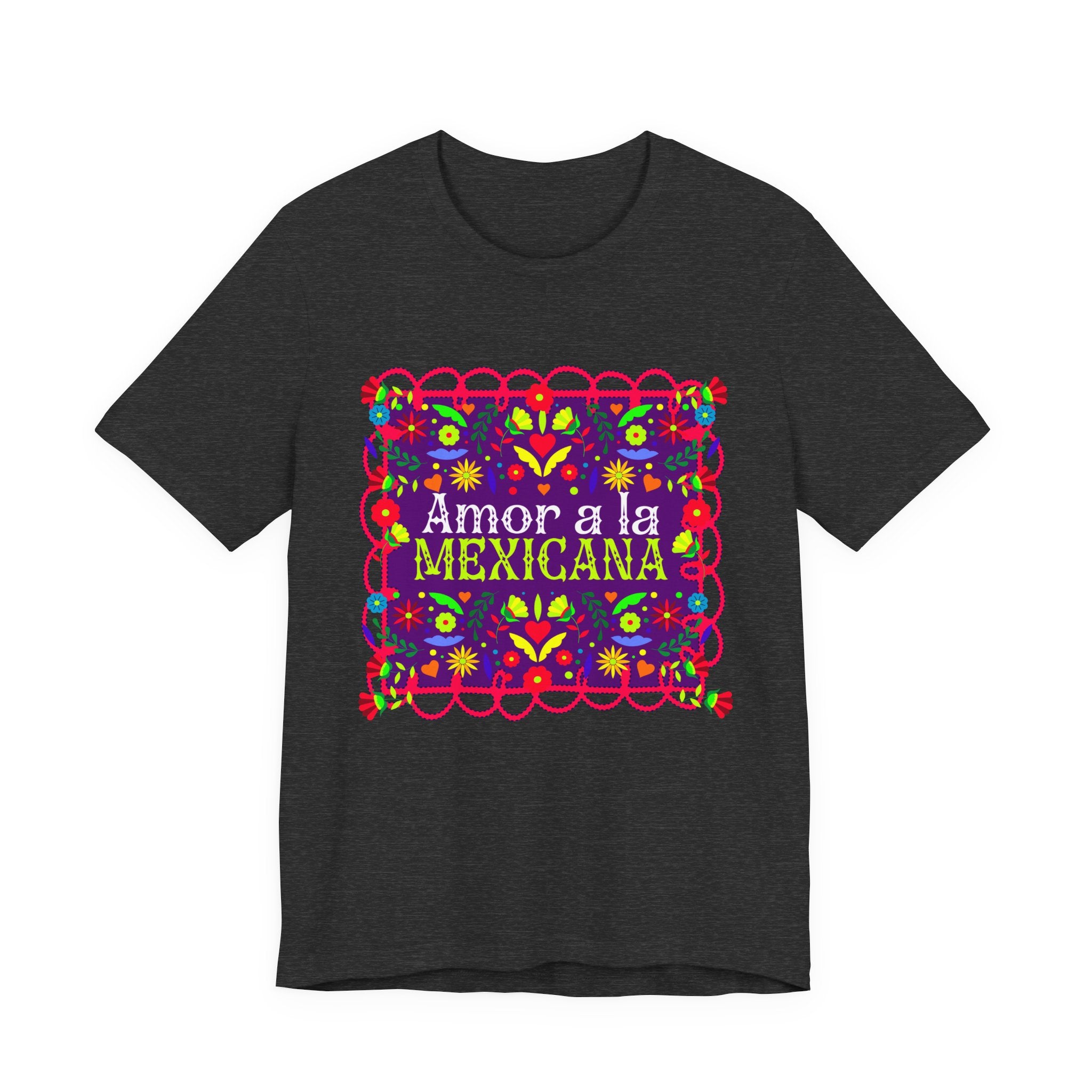 A beautiful Latina woman wearing a T-shirt with a colorful Mexican folk art design titled “Amor a la Mexicana.”