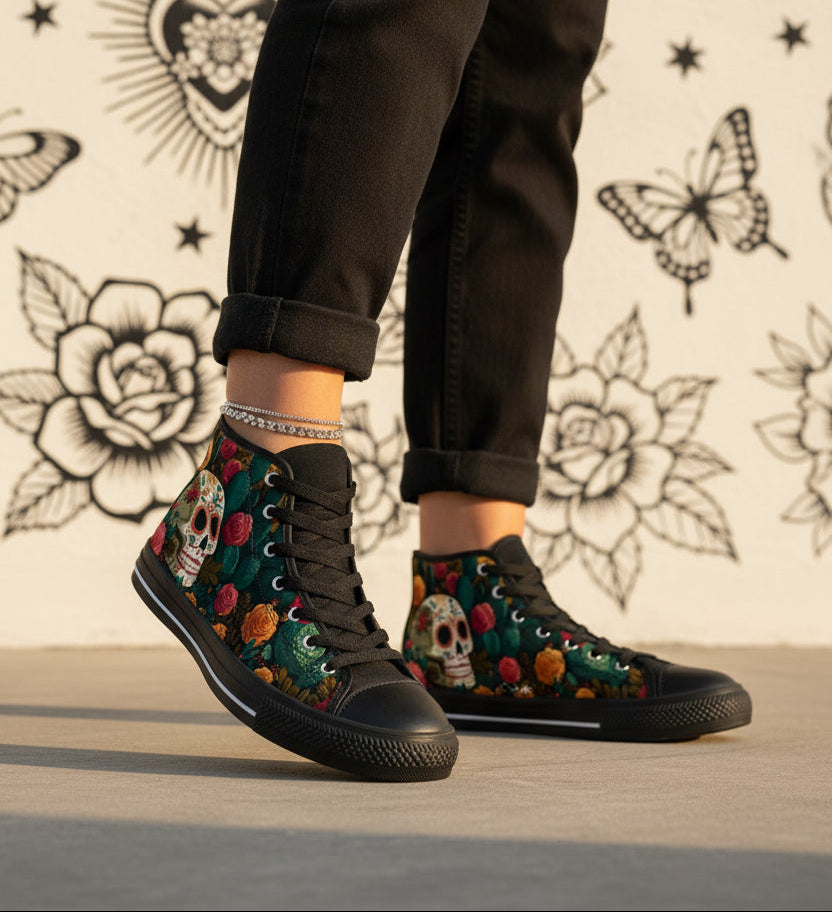 Day of the Dead floral skull high-top sneakers side view - sugar skull rose cactus canvas shoes
