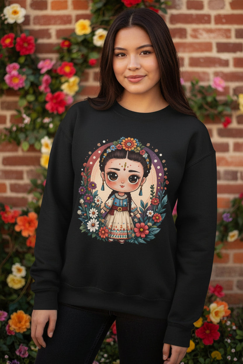A sweet folkloric illustration of a little Frida girl with flowers and a bird printed on a cozy Gildan 18000 crewneck sweatshirt.