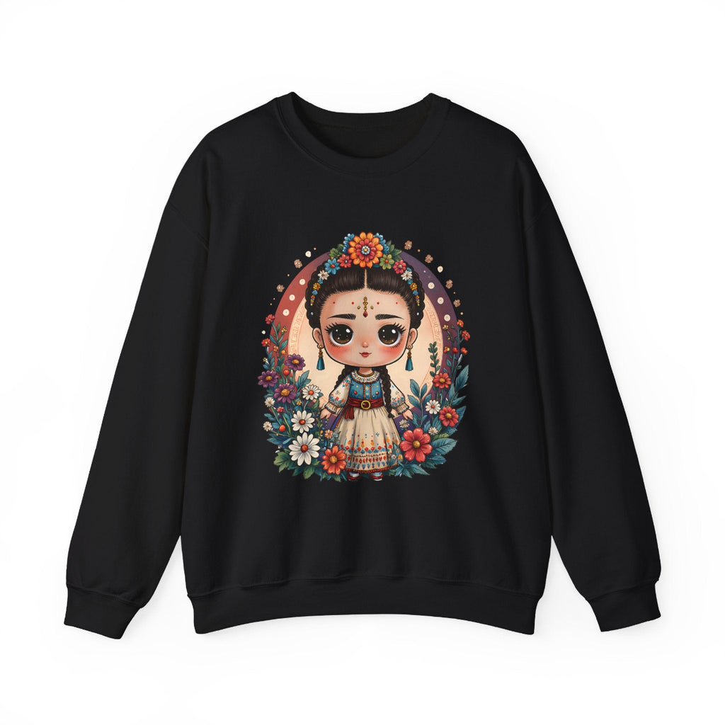 A sweet folkloric illustration of a little Frida girl with flowers and a bird printed on a cozy Gildan 18000 crewneck sweatshirt.