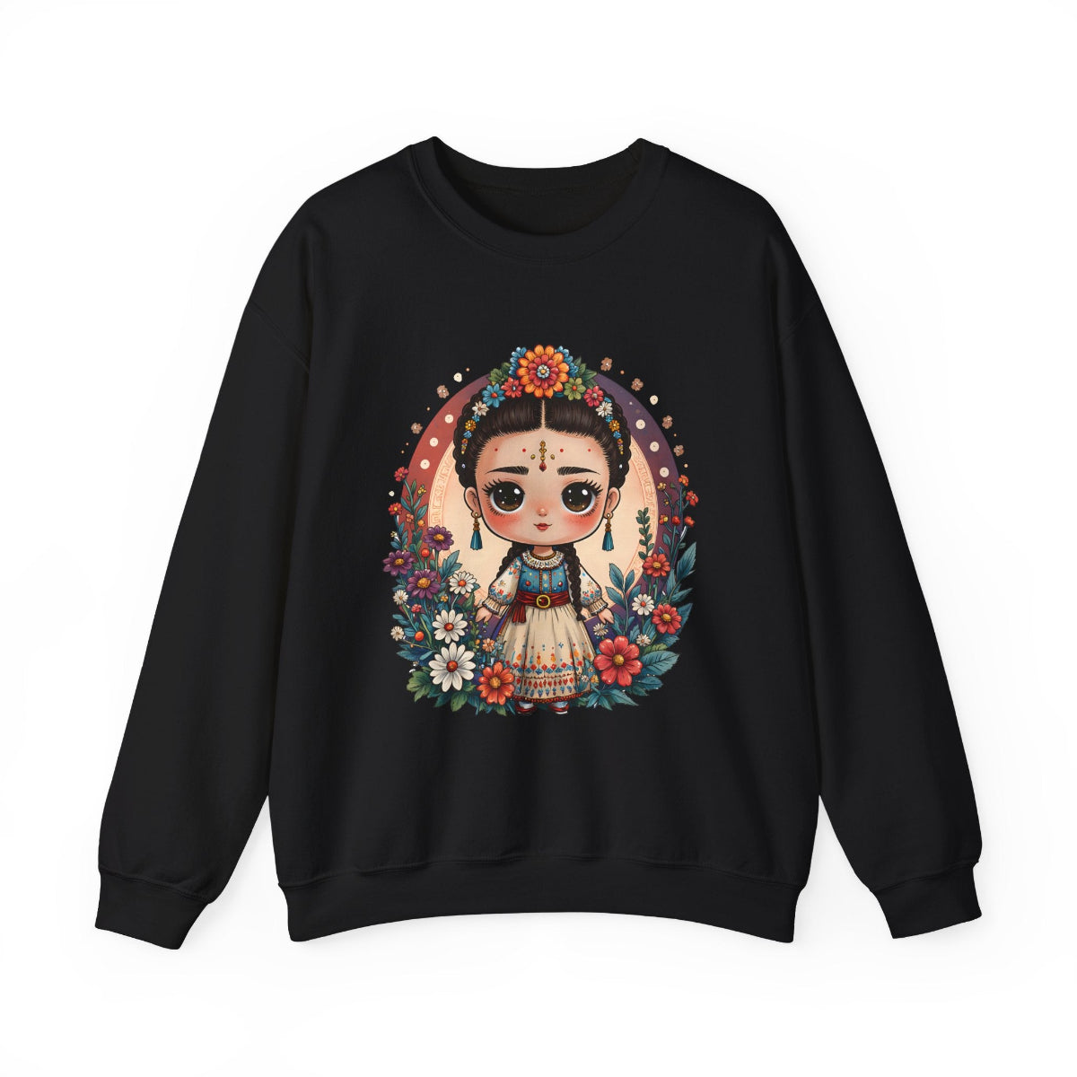 A sweet folkloric illustration of a little Frida girl with flowers and a bird printed on a cozy Gildan 18000 crewneck sweatshirt.