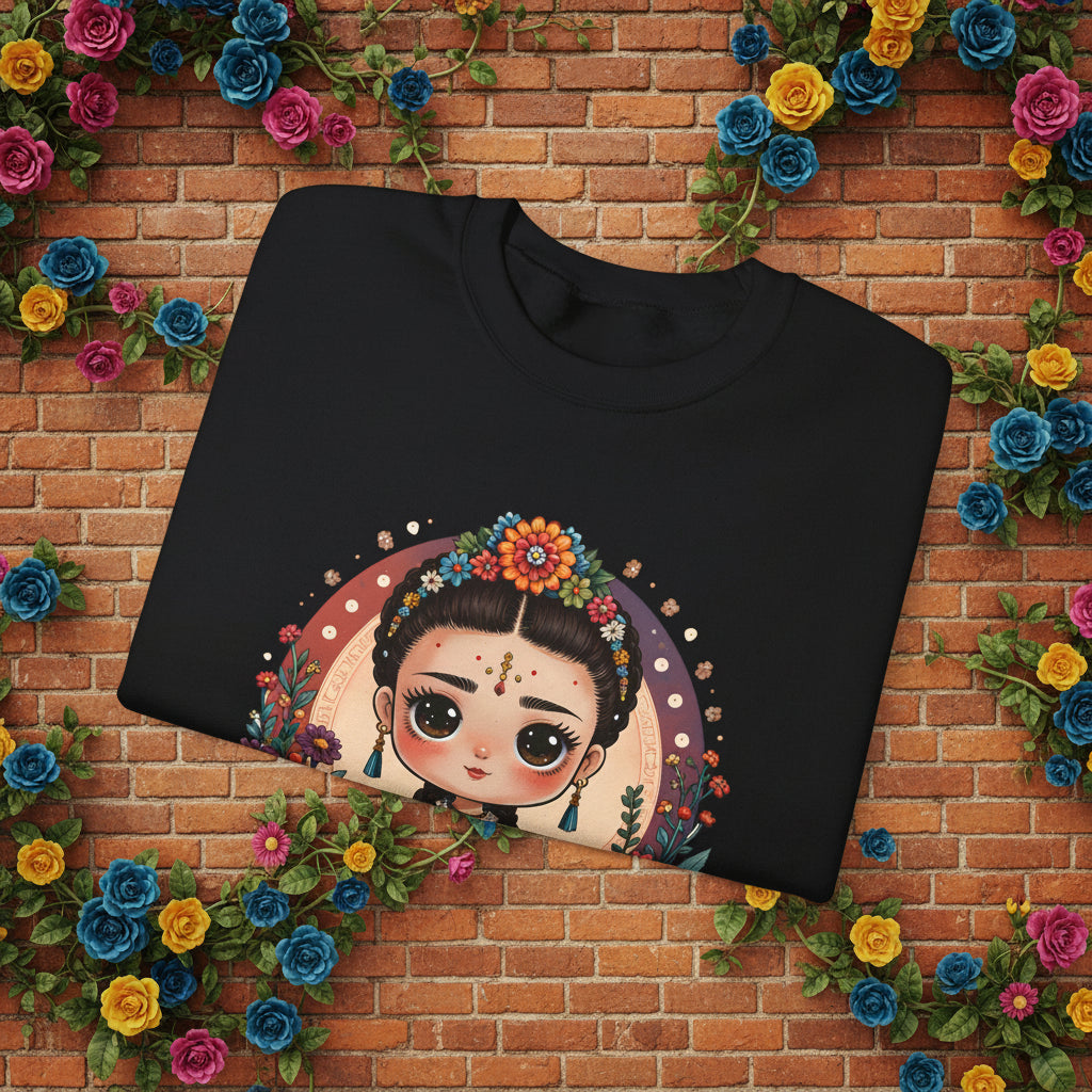 A sweet folkloric illustration of a little Frida girl with flowers and a bird printed on a cozy Gildan 18000 crewneck sweatshirt.