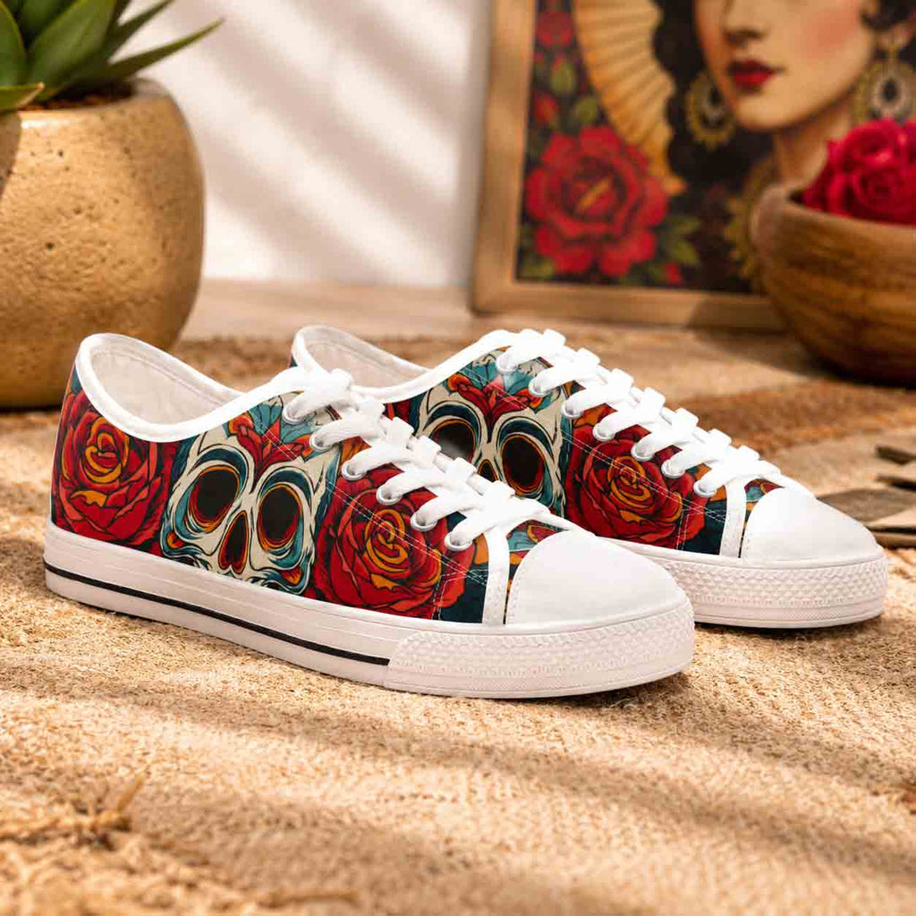 Skull and rose gothic low-top sneakers side view - Day of Dead floral canvas women shoes