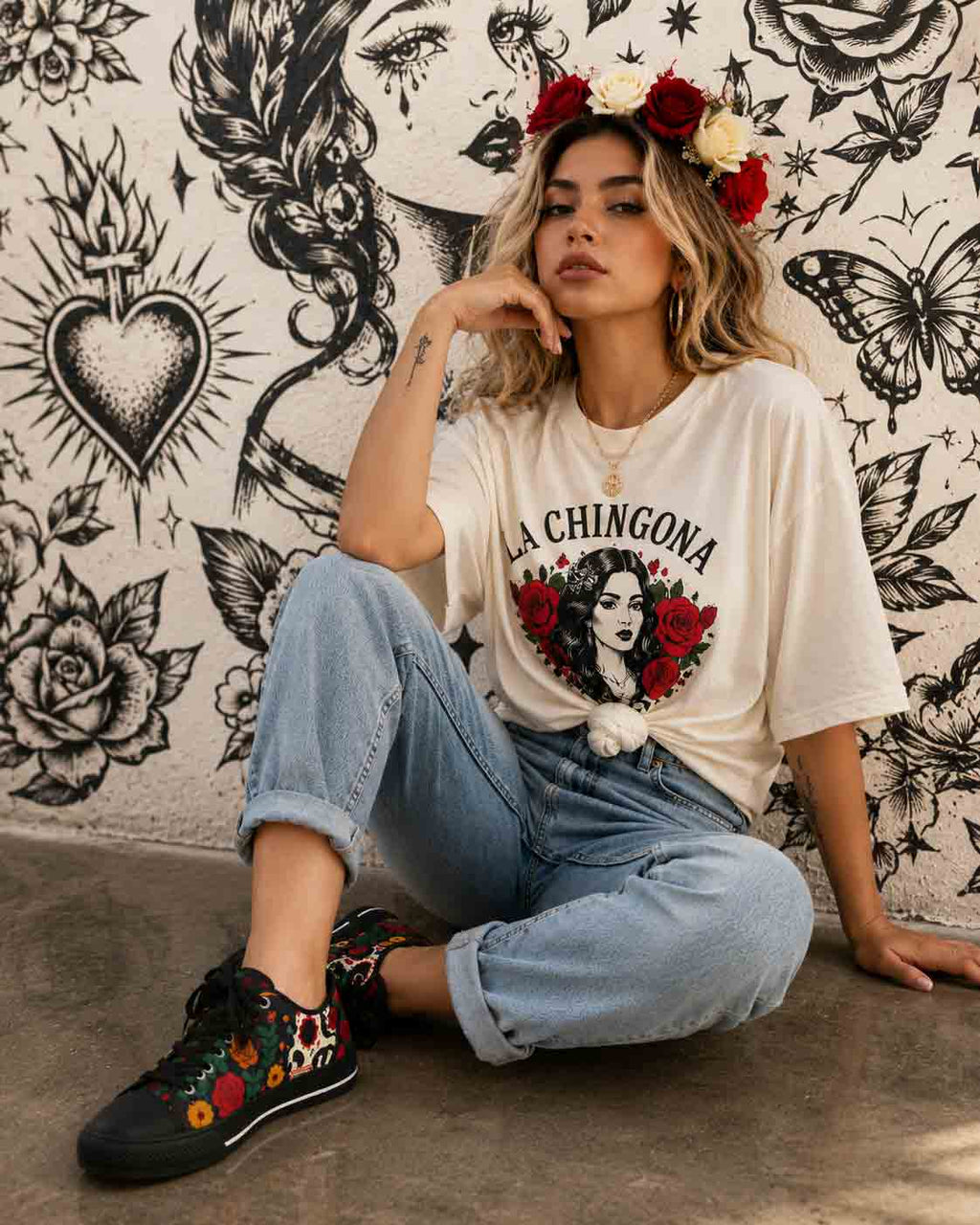 Colorful Dia de Muertos skull floral sneakers front view - tropical floral canvas shoes black sole