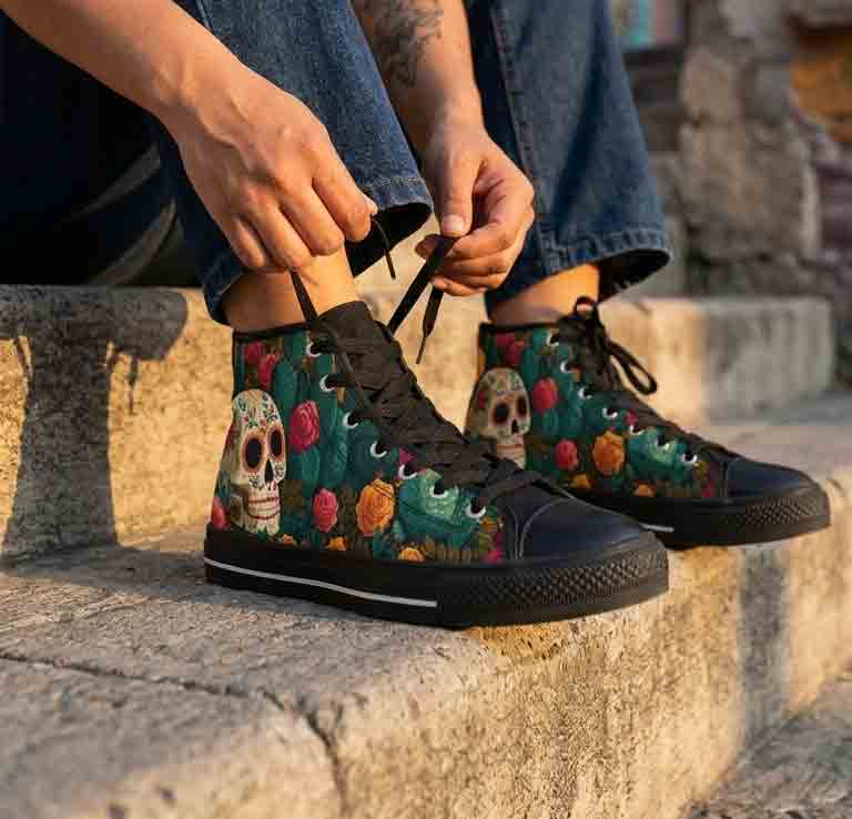 Dia de Muertos sugar skull rose high-top sneakers front view - colorful cactus canvas festival shoes