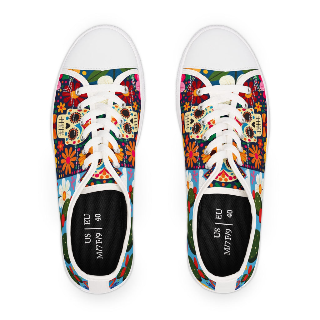 Day of Dead floral cactus canvas shoes pair - colorful Latina festival sneakers white sole