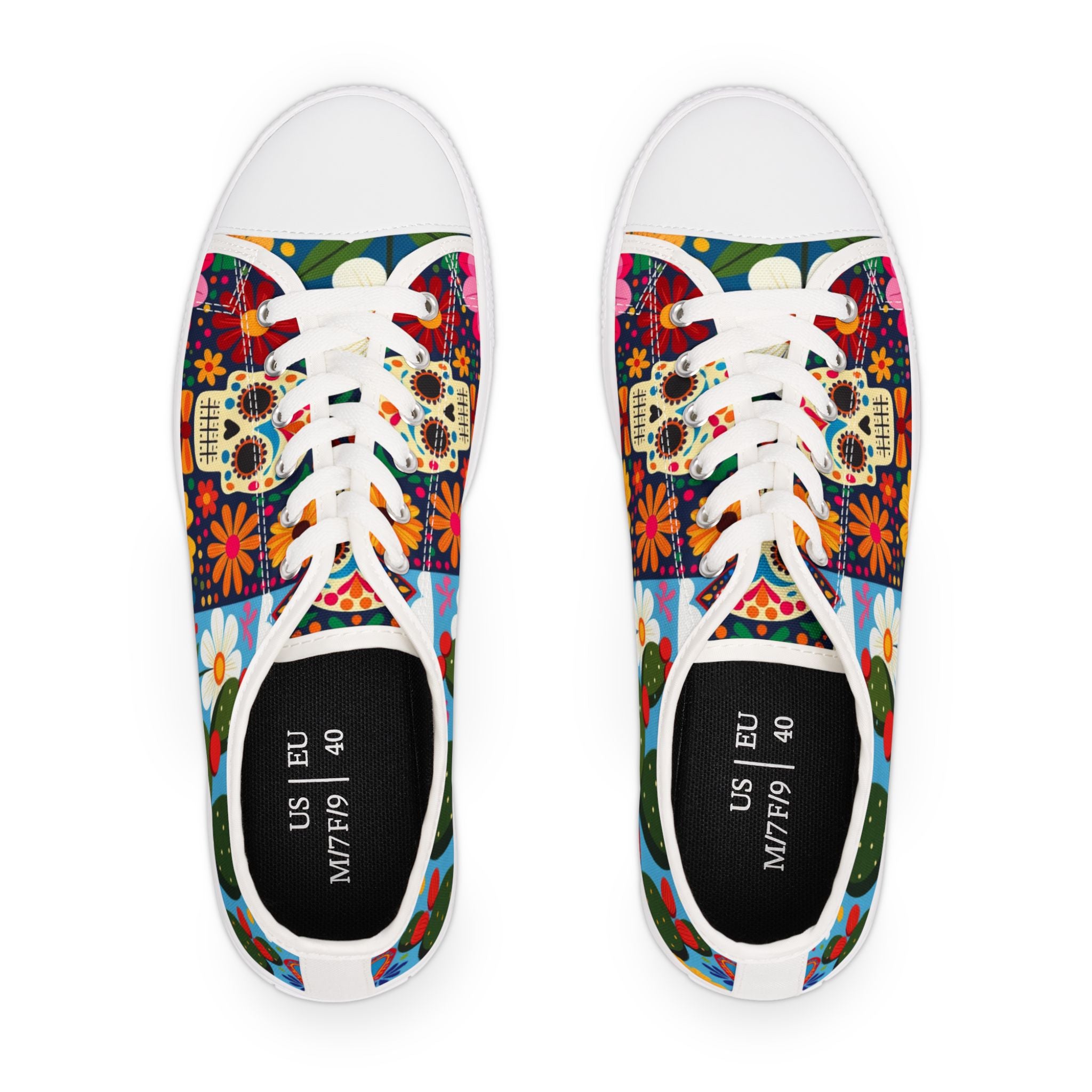 Day of Dead floral cactus canvas shoes pair - colorful Latina festival sneakers white sole