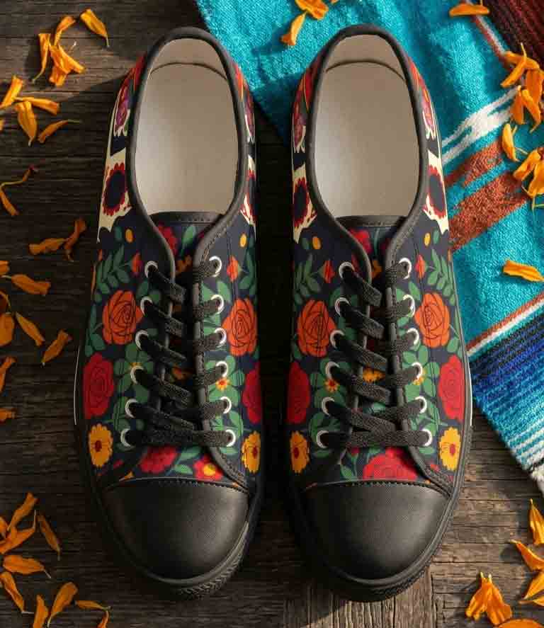 Day of Dead floral skull canvas shoes detail - full wraparound colorful tropical print