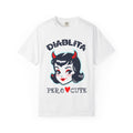 Diablita Pero Cute Comfort Colors graphic t-shirt featuring a retro devil girl design inspired by Chicana fashion and vintage pin-up style.