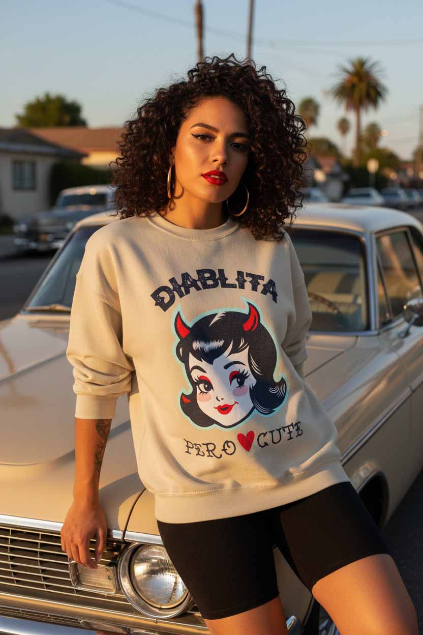 Diablita Pero Cute Crewneck Sweatshirt | Retro Pinup Devil Latina Pullover